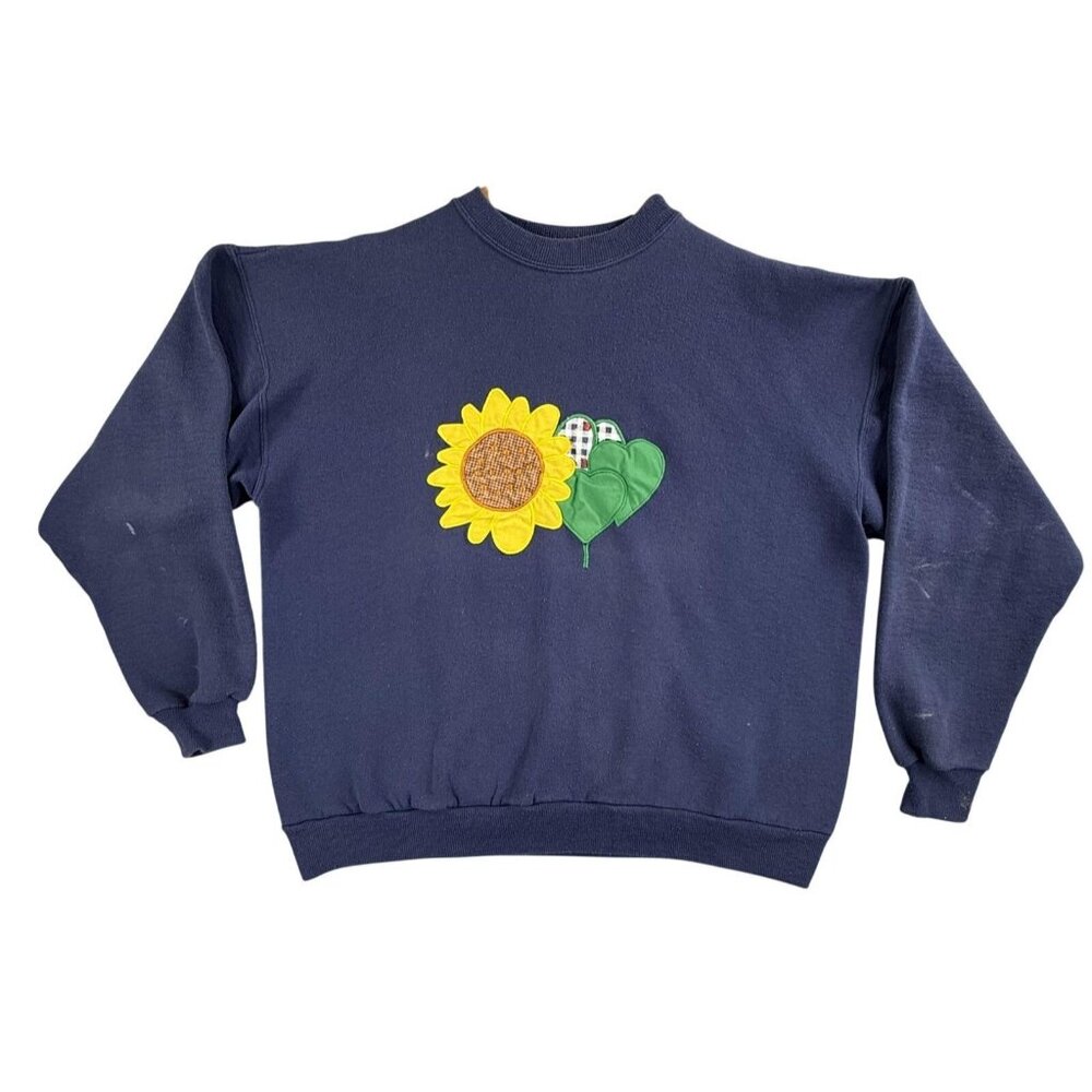 Vintage Hanes Sweatshirt Women XL Blue Sunflower Floral Cottagecore 90s USA Made
